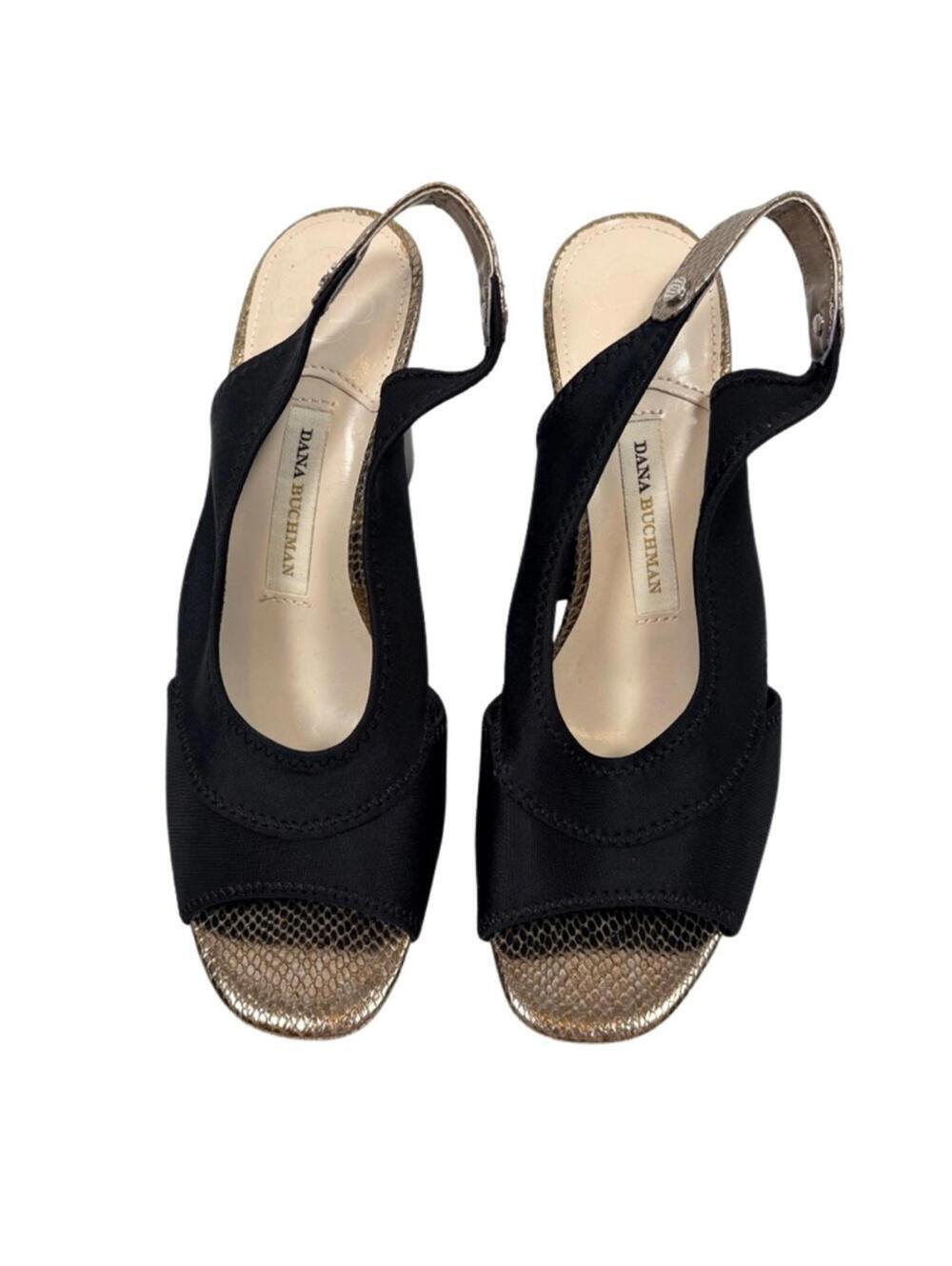 Dana Buchman Y2K Slingback Stretch Black Fabric Gold Accent Block Heel Pumps